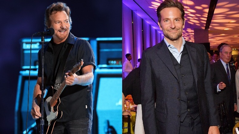 Eddie Vedder playing guitar, Bradley Cooper posing