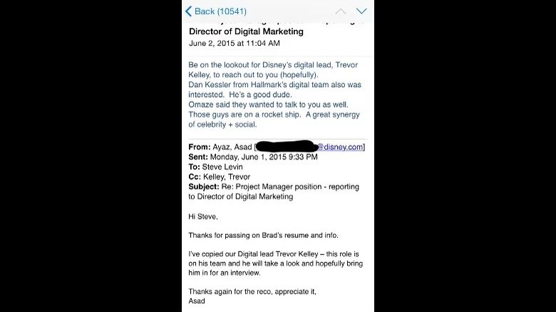 Brad/Disney email from 2015