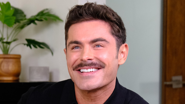 Zac Efron with a mustache and smiling