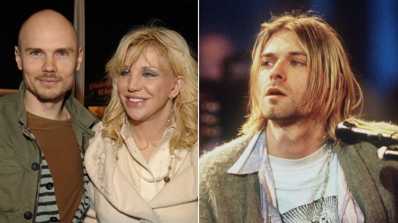 Courtney Love, and Billy Corgan smiling and Kurt Cobain performing 