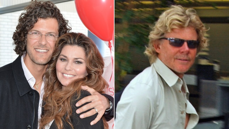 Shania Twain and Frederic Thiebaud smiling and Mutt Lange having his picture taken