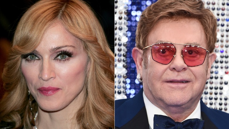 Madonna posing and Elton John smiling