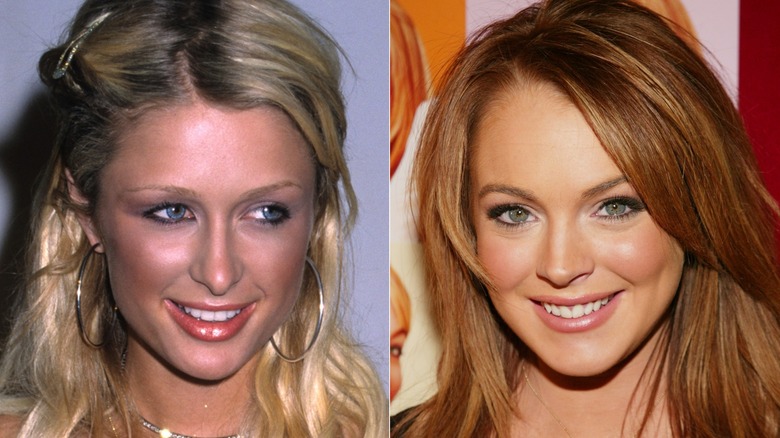 Paris Hilton smiling and Lindsay Lohan smiling