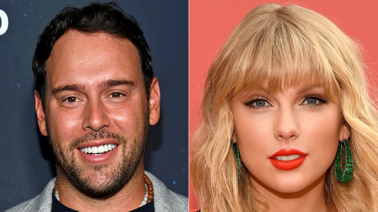 Scooter Braun smiling and Taylor Swift smiling
