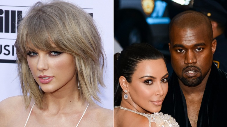 Taylor Swift posing, and Kim Kardashian and Kanye West posing together