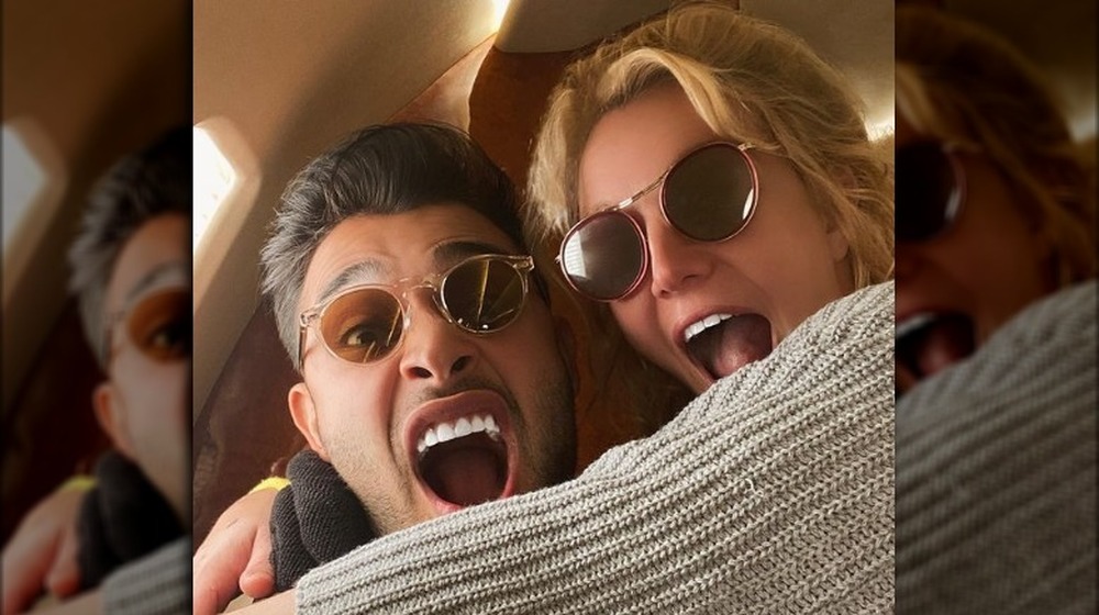 Britney Spears and boyfriend Sam Asghari making face in a selfie posted to Instagram