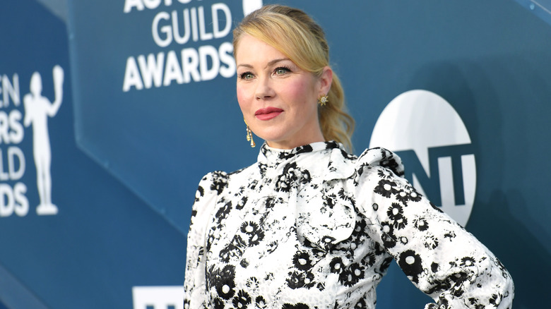 Christina Applegate in black-and-white patterned dress