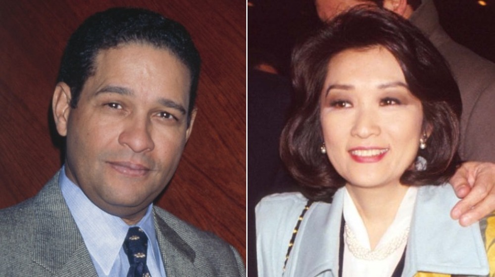Bryant Gumbel in circa 1990 in a suit, not smiling; Connie Chung in 1992, walking outside, smiling 
