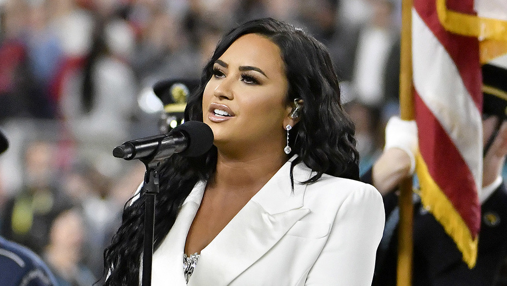 Demi Lovato singing at the Super Bowl