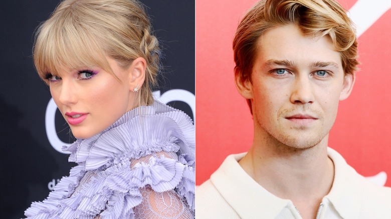 Taylor Swift and Joe Alwyn posing split image