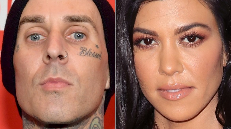 Travis Barker staring; Kourtney Kardashian smiling