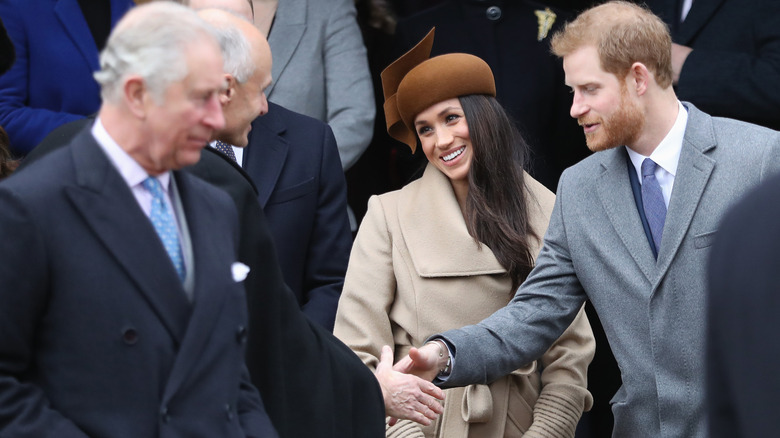 Prince Charles, Prince Harry, Meghan Markle walking in a crowd