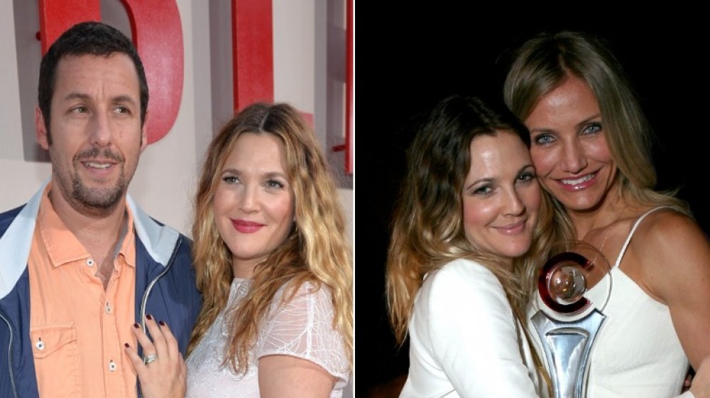 Adam Sandler and Drew Barrymore at the Blended premiere in 2014; Drew Barrymore and Cameron Diaz at CinemaCon in 2011