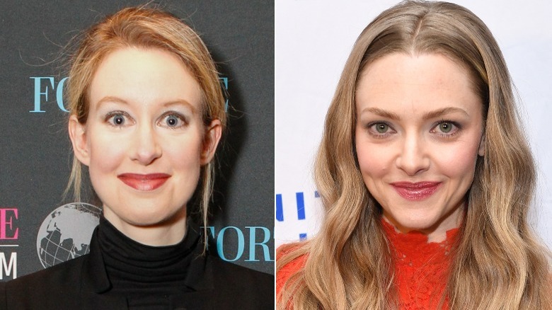 Elizabeth Holmes smiling and Amanda Seyfried smiling