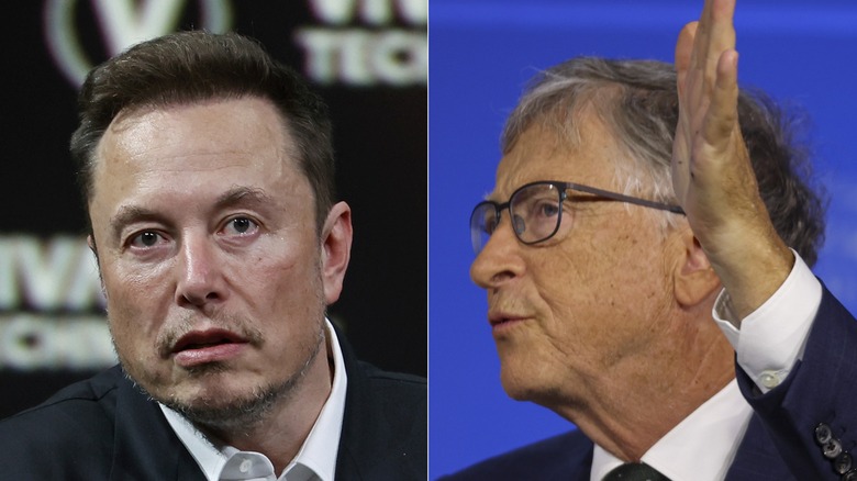 Elon Musk staring ahead Bill Gates raising hand