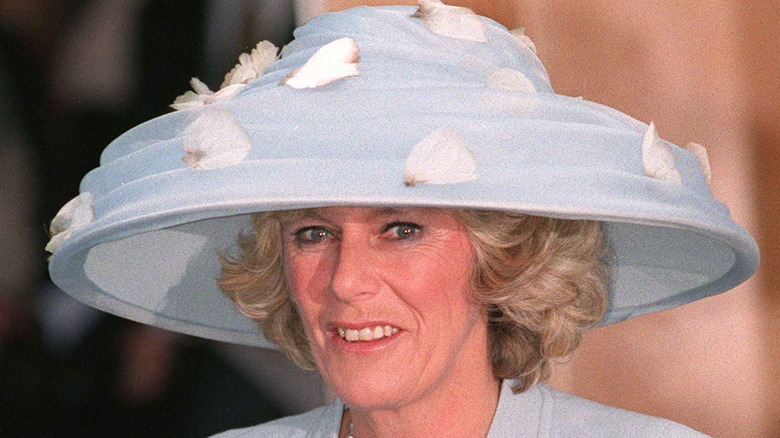 Camilla Queen Consort at an event, smiling, pale blue hat