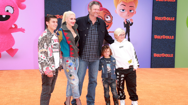 Kingston Rossdale, Gwen Stefani, Blake Shelton, Apollo Bowie Flynn Rossdale, and Zuma Nesta Rock Rossdale attending STX Films World Premiere of "UglyDolls"