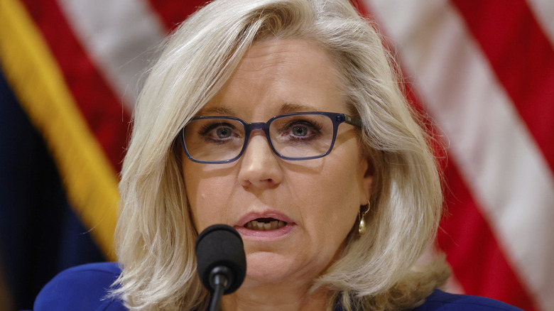 Liz Cheney speaking at a microphone