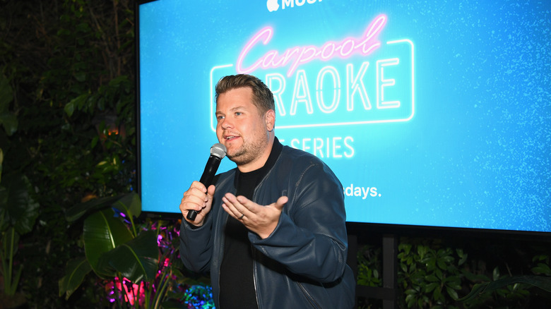 James Corden speaking at a Carpool Karaoke event