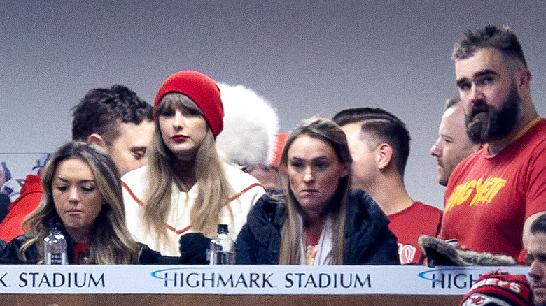 Jason Kelce, Kylie Kelce, and Taylor Swift watching Chiefs game