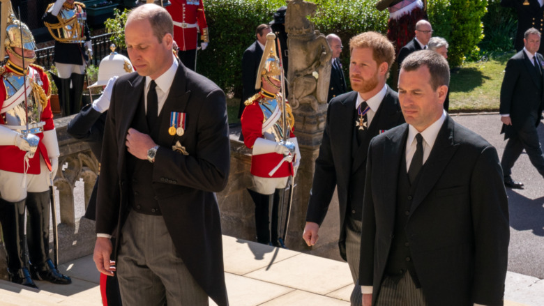 Prince William, Prince Harry, and Peter Philips walking