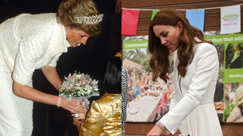Princess Diana and Kate Middleton both wearing three-stranded pearl and diamond bracelet