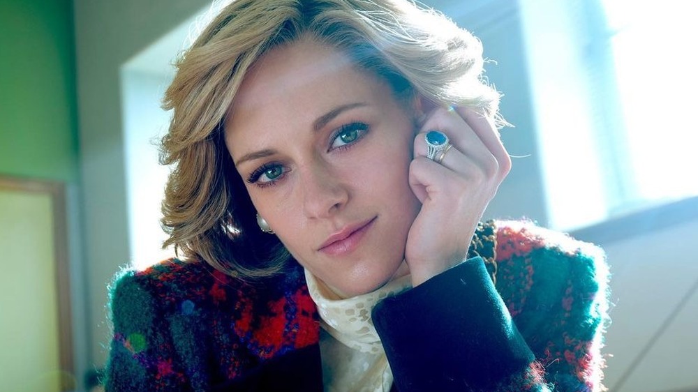 Kristen Stewart in costume as Princess Diana in the film Spencer