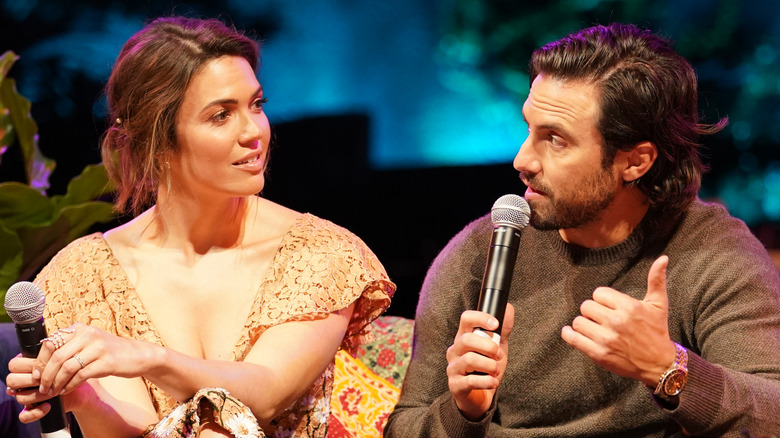 Mandy Moore and Milo Ventimiglia speak at an event