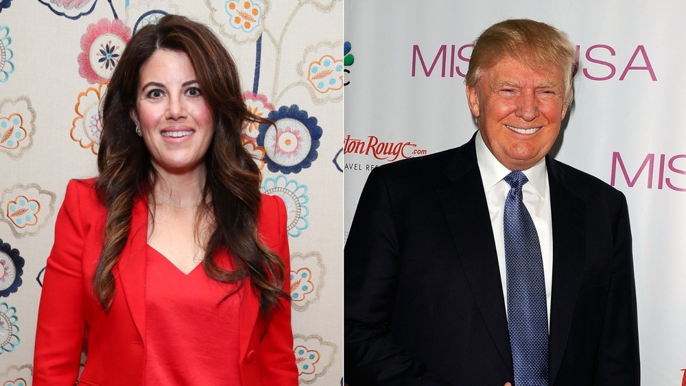 Monica Lewinsky and Donald Trump smiling in split image