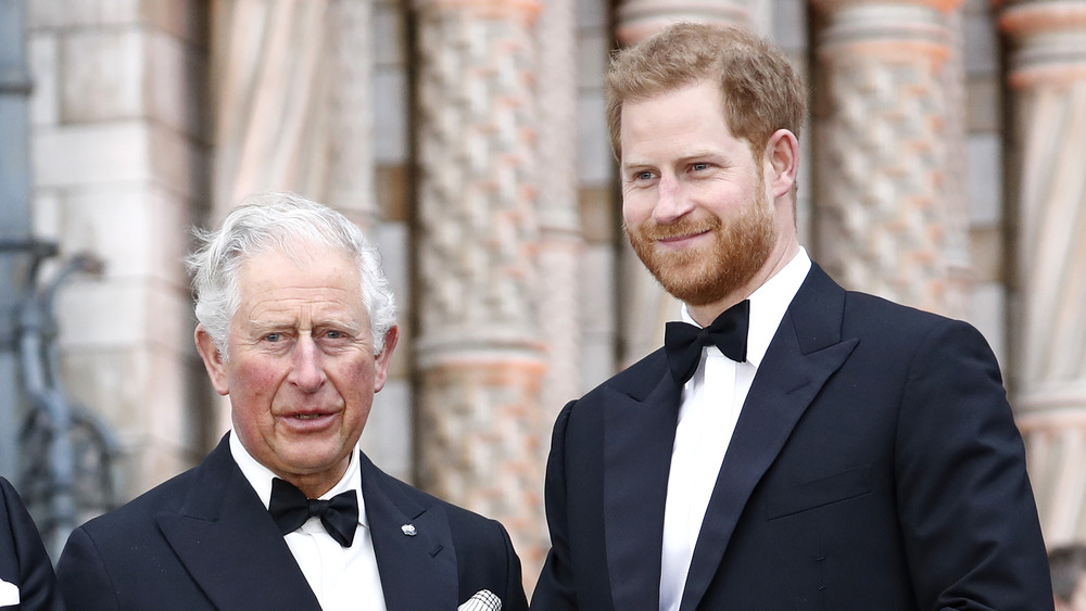 Prince Charles and Prince Harry stand side by side at an event 