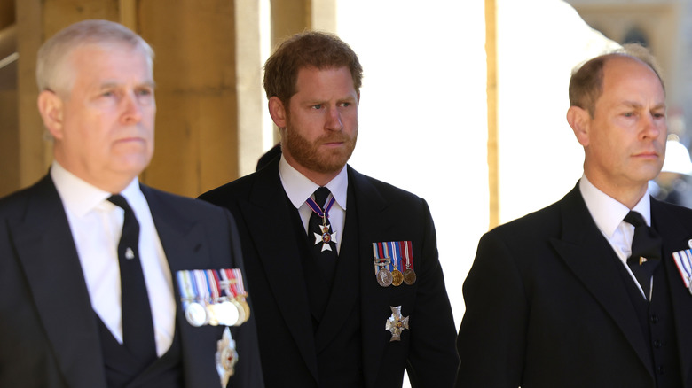 Prince Harry with Princes Andrew and Edward and Prince Philip's funeral