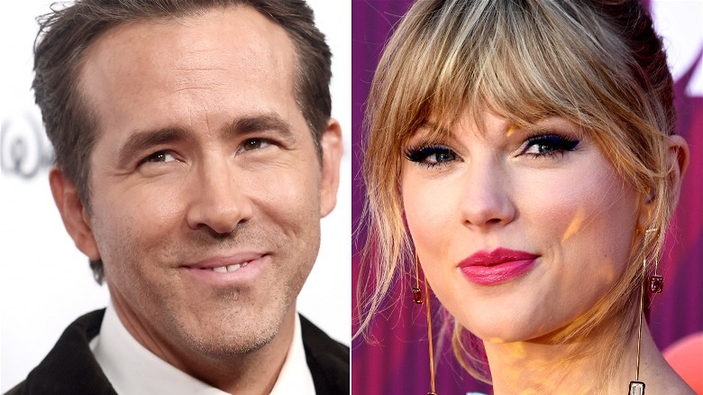 Split image of Ryan Reynolds and Taylor Swift smiling