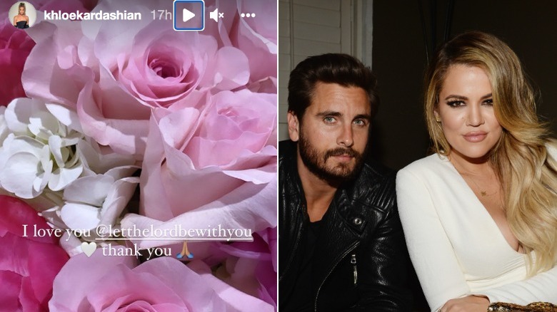 Pink roses on the left and Scott Disick and Khloe Kardashian on the right.