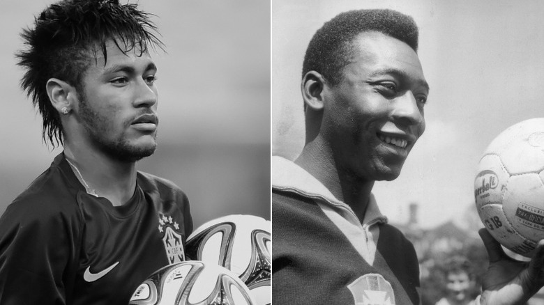 Pelé and Neymar Jr. hold balls