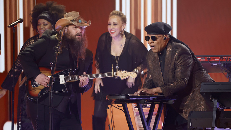 Chris Stapleton and Stevie Wonder performing onstage