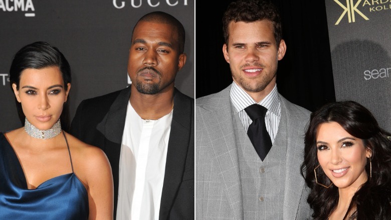 Kim Kardashian standing with Kanye West and Kris Humphries