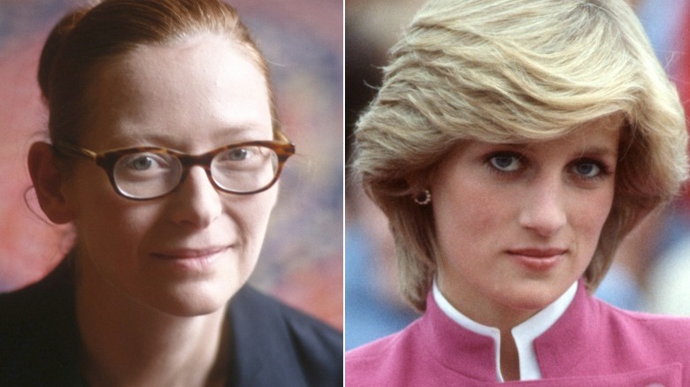 Split image of Tilda Swinton and Princess Diana