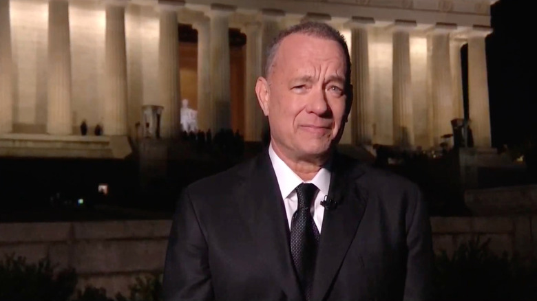 Tom Hanks in front of Lincoln Memorial