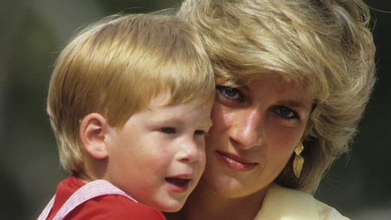 Diana, Princess of Wales with Prince Harry on holiday in Majorca, Spain 1987
