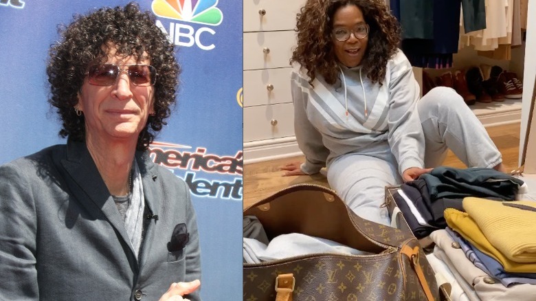 Howard Stern in sunglasses; Oprah Winfrey with Louis Vuitton bag and pile of clothes