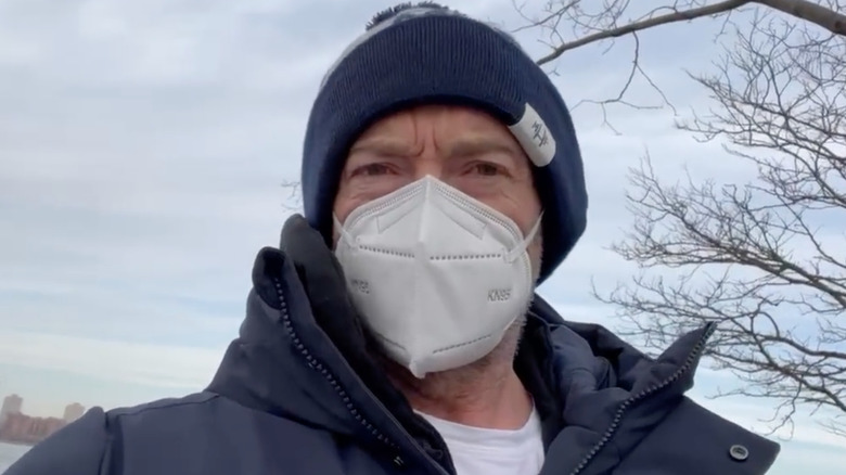 Hugh Jackman outside in mask