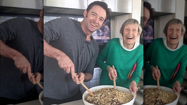 Hugh Jackman and mother Grace McNeil smiling big while stirring flapjack batter