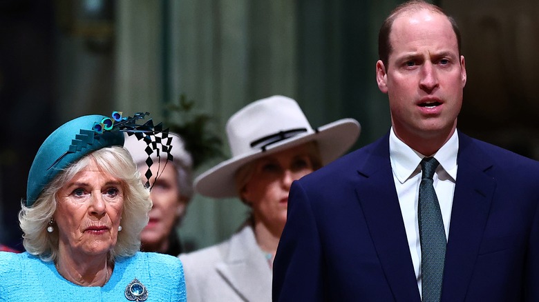 Queen Camilla and Prince William looking on