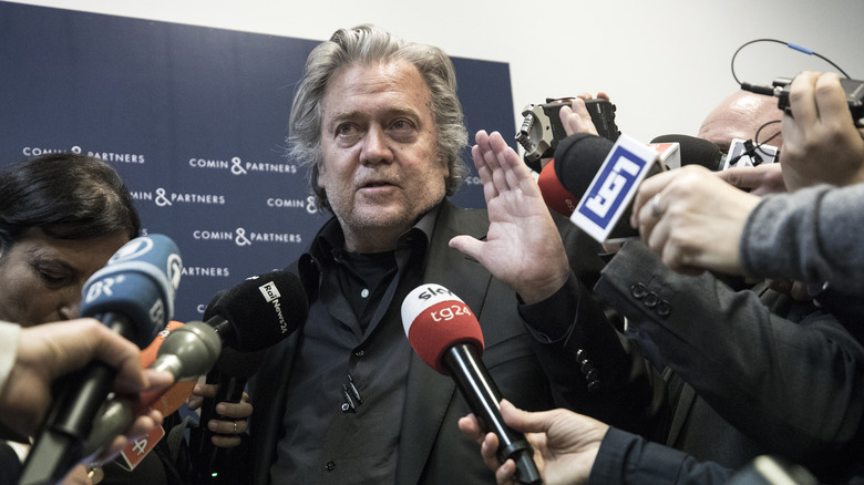 Steve Bannon talks to media during the 'Sovereignism v Europeanism' debate on March 25, 2019 in Rome, Italy