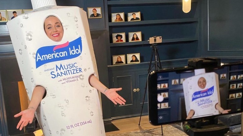 Katy Perry wearing a hand sanitizer costume during American Idol's first remote taping