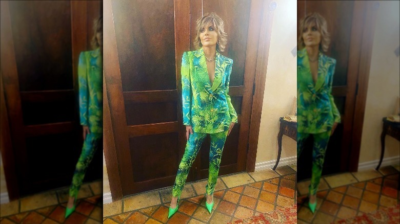 Lisa Rinna Instagram wearing Versace Jungle print pantsuit 