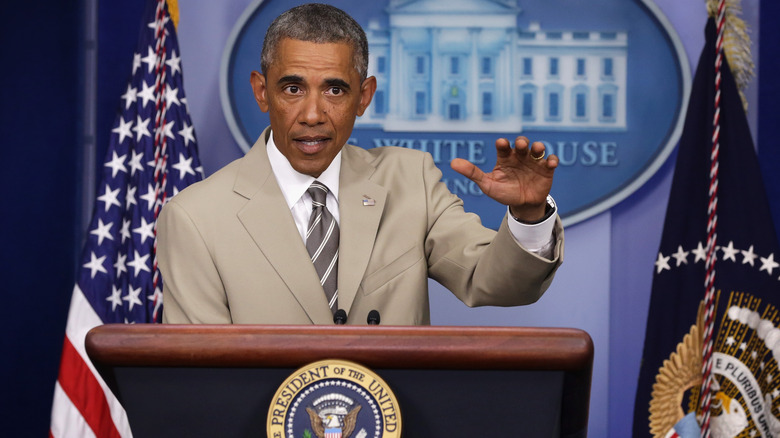 Barack Obama wearing tan suit