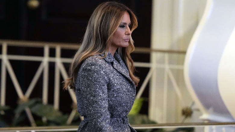 Melania Trump wearing gray tweed coat