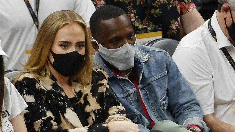 Adele and Rich Paul watching the first half in Game Five of the NBA Finals