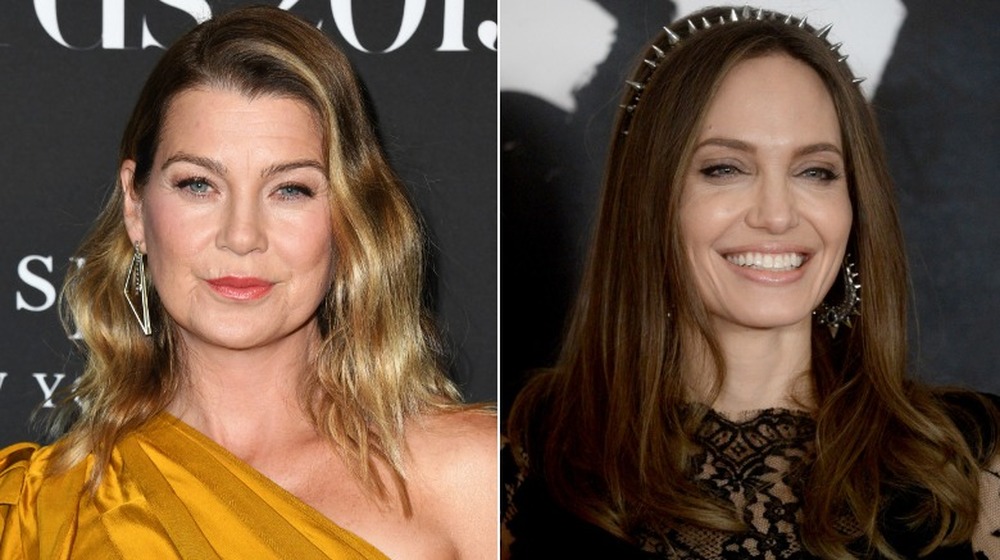 Ellen Pompeo and Angelina Jolie on red carpets, split image